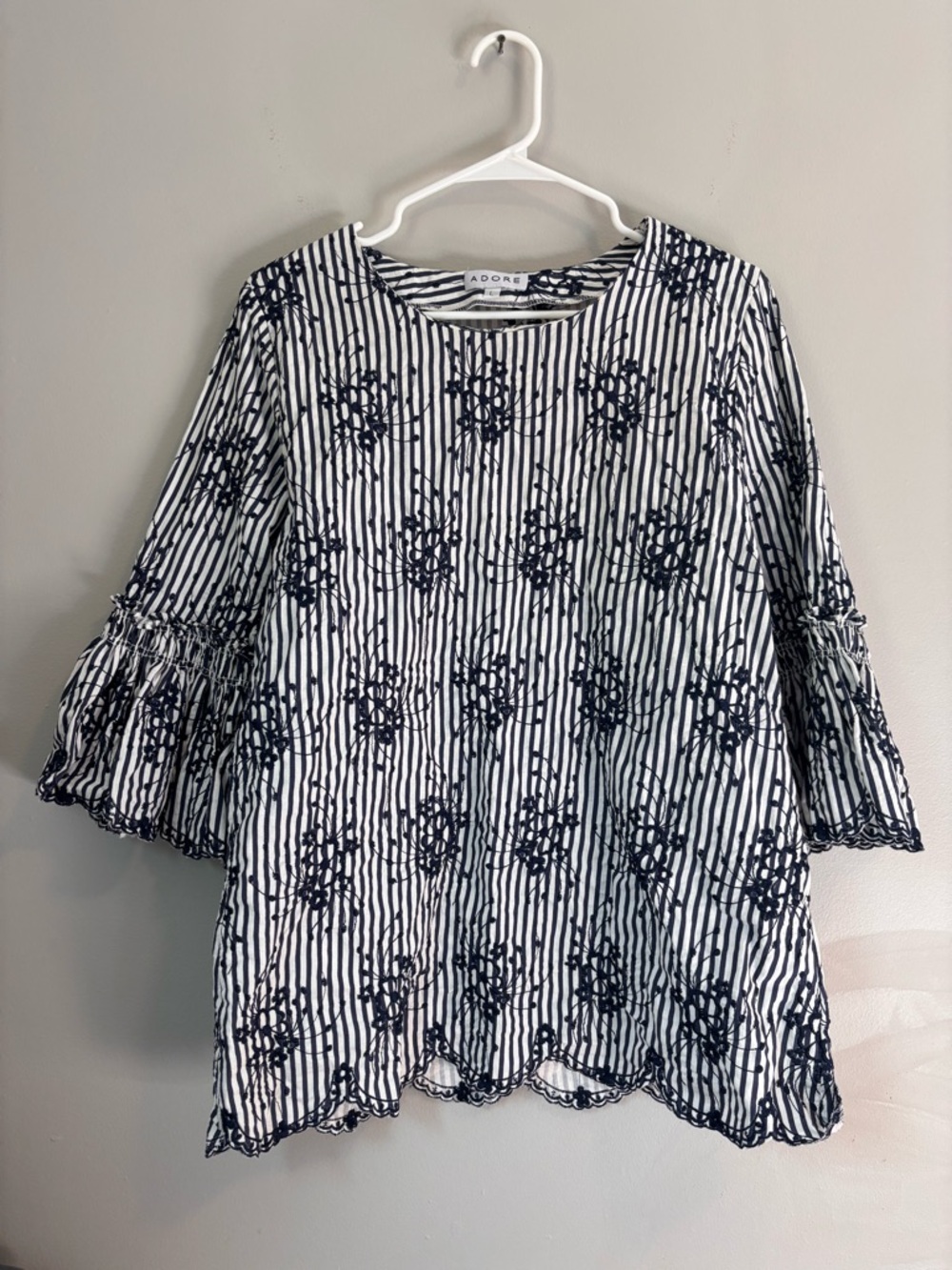 Adore Navy and White Striped Blouse with Floral Embroidery